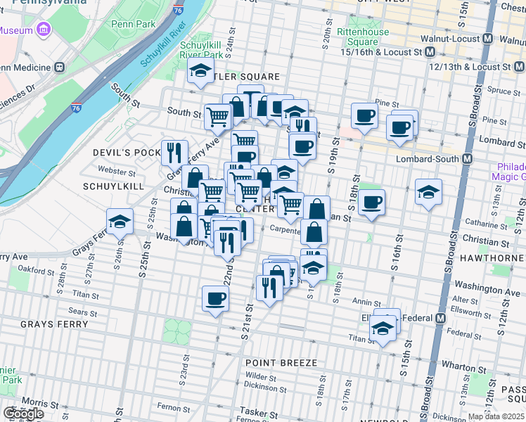 map of restaurants, bars, coffee shops, grocery stores, and more near 2120 Montrose Street in Philadelphia