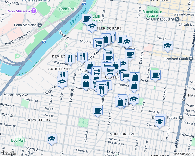map of restaurants, bars, coffee shops, grocery stores, and more near 929 South 23rd Street in Philadelphia