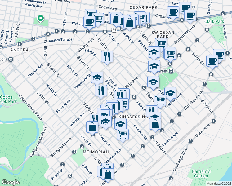map of restaurants, bars, coffee shops, grocery stores, and more near 1256 South Ruby Street in Philadelphia