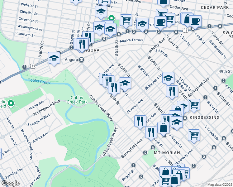map of restaurants, bars, coffee shops, grocery stores, and more near 5729 Hadfield Street in Philadelphia