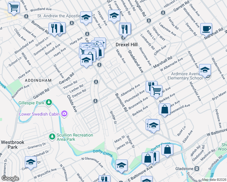map of restaurants, bars, coffee shops, grocery stores, and more near 3815 Albemarle Avenue in Drexel Hill