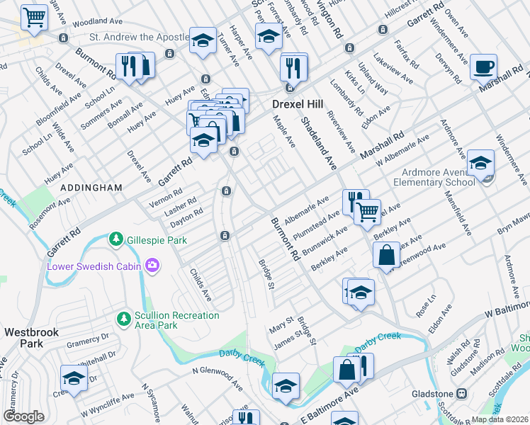 map of restaurants, bars, coffee shops, grocery stores, and more near 3815 Albemarle Avenue in Drexel Hill