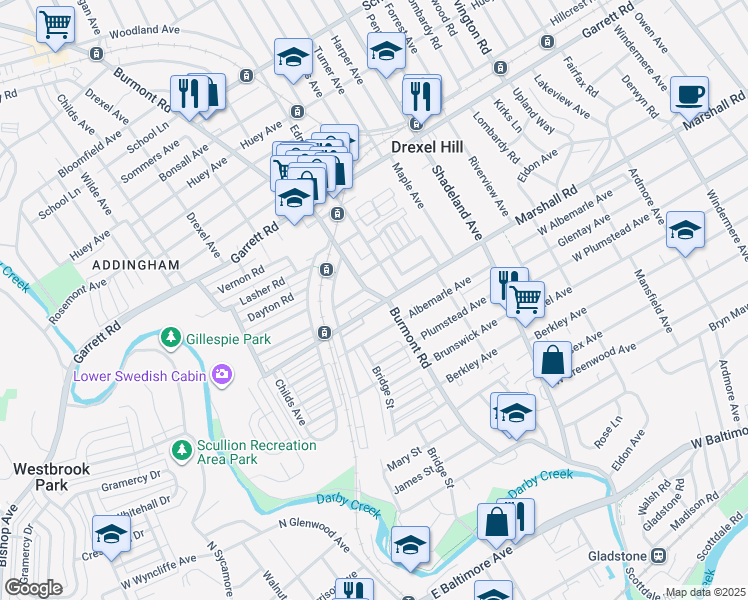 map of restaurants, bars, coffee shops, grocery stores, and more near 3815 Albemarle Avenue in Drexel Hill