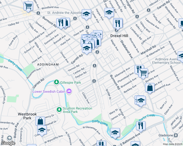 map of restaurants, bars, coffee shops, grocery stores, and more near in Drexel Hill