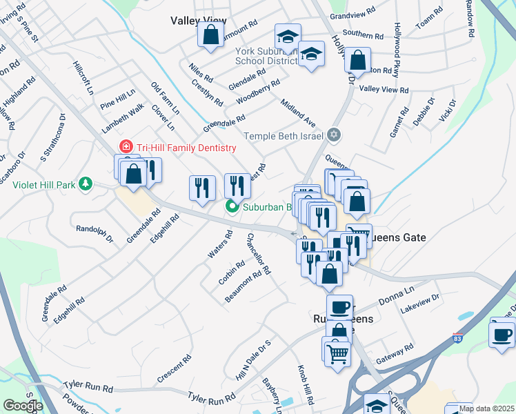 map of restaurants, bars, coffee shops, grocery stores, and more near 2005 South Queen Street in York