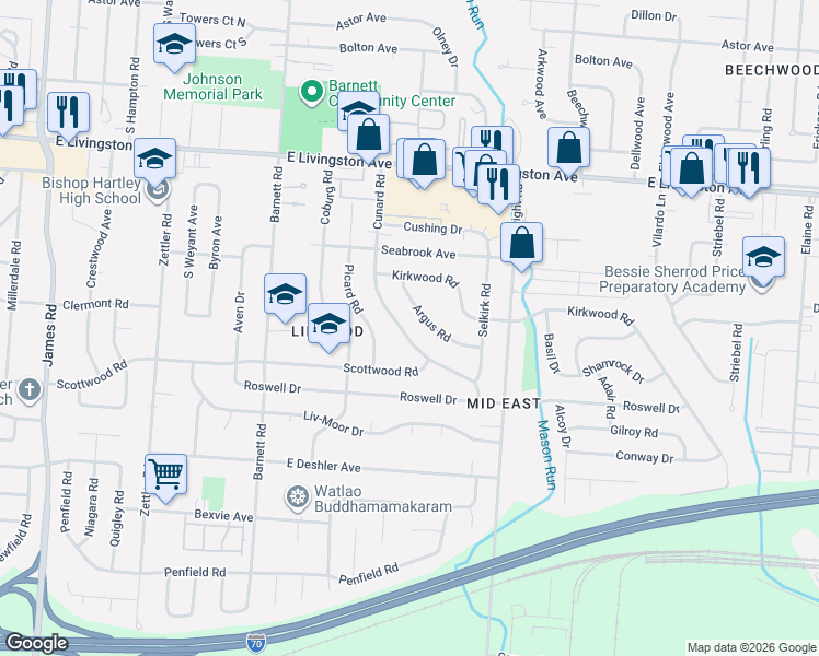 map of restaurants, bars, coffee shops, grocery stores, and more near 1568 Cunard Road in Columbus
