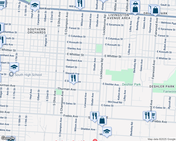 map of restaurants, bars, coffee shops, grocery stores, and more near 1111 Stewart Avenue in Columbus