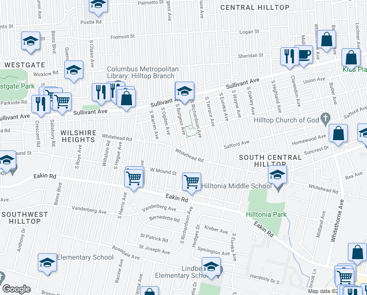 map of restaurants, bars, coffee shops, grocery stores, and more near 704 South Ogden Avenue in Columbus