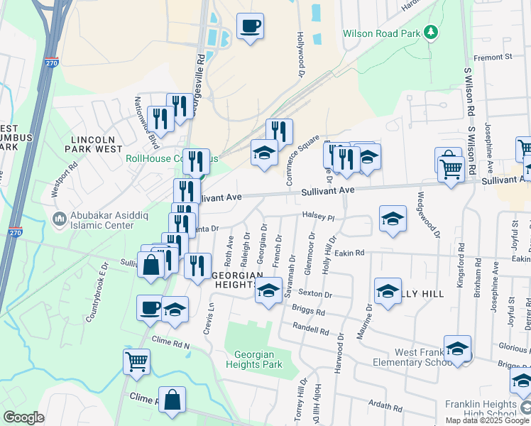 map of restaurants, bars, coffee shops, grocery stores, and more near 608 Raleigh Drive in Columbus