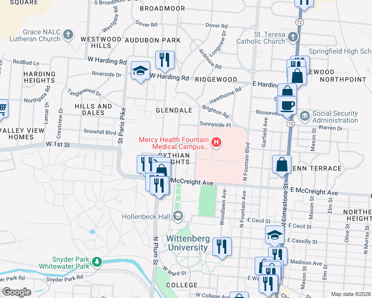 map of restaurants, bars, coffee shops, grocery stores, and more near 270 West 1st Street in Springfield