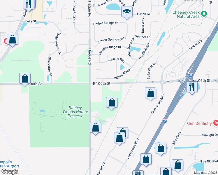 map of restaurants, bars, coffee shops, grocery stores, and more near 7877 E 106th St in Fishers