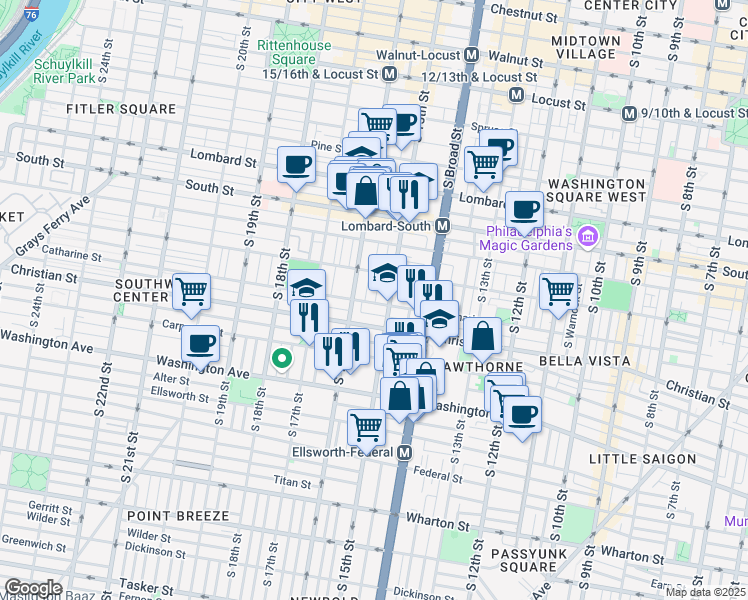 map of restaurants, bars, coffee shops, grocery stores, and more near 1513 Catharine Street in Philadelphia