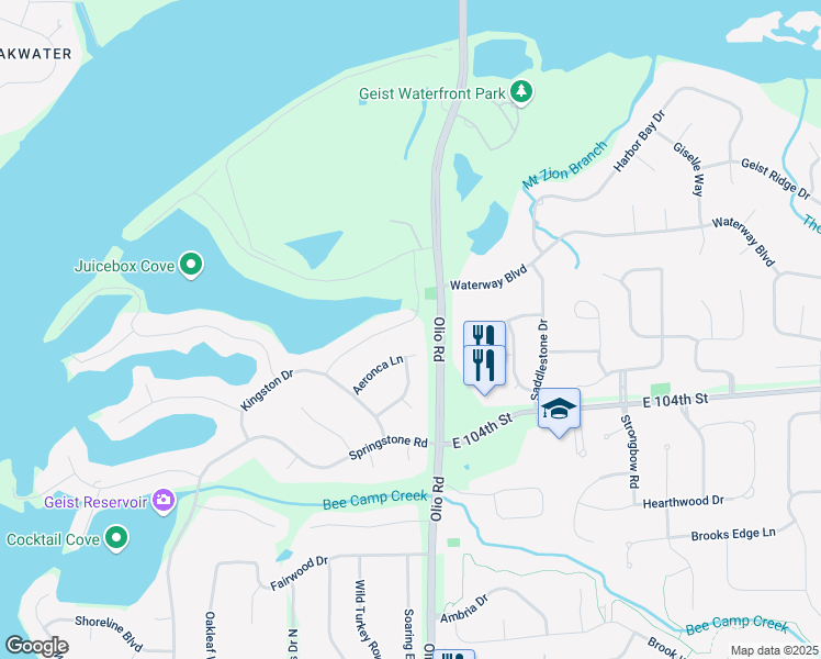 map of restaurants, bars, coffee shops, grocery stores, and more near 10599 Geist View Drive in McCordsville