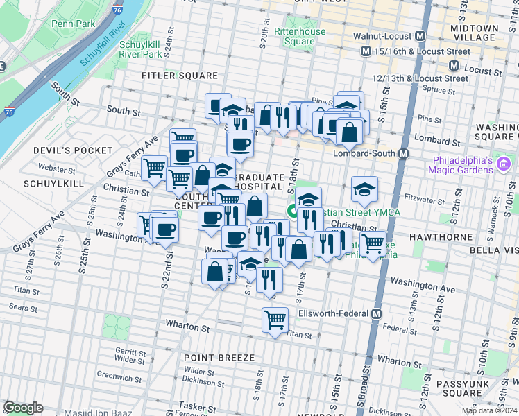 map of restaurants, bars, coffee shops, grocery stores, and more near 1901 Christian Street in Philadelphia