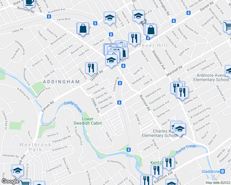 map of restaurants, bars, coffee shops, grocery stores, and more near 339 Cheswold Road in Drexel Hill
