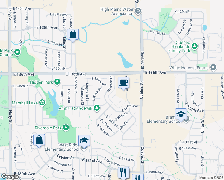 map of restaurants, bars, coffee shops, grocery stores, and more near 6752 East 135th Avenue in Thornton