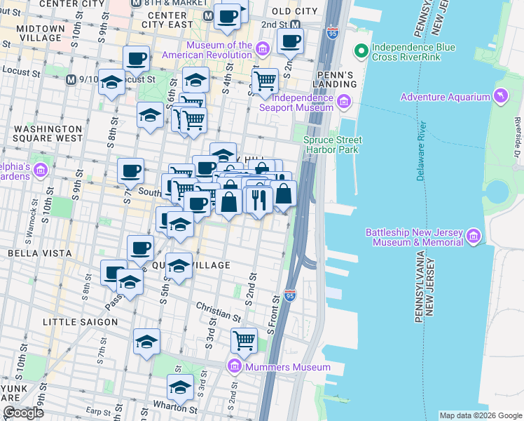 map of restaurants, bars, coffee shops, grocery stores, and more near 201 South Street in Philadelphia