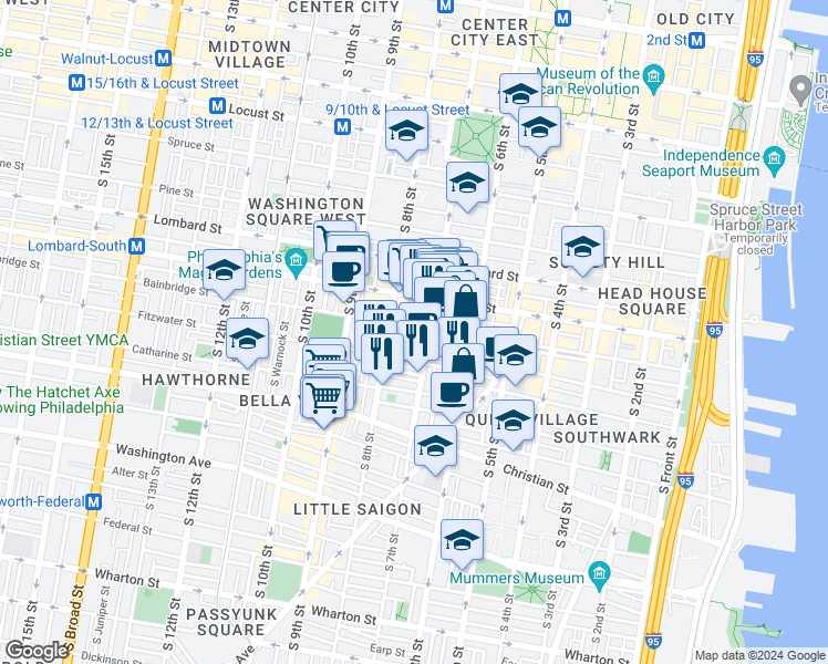 map of restaurants, bars, coffee shops, grocery stores, and more near 714 Bainbridge Street in Philadelphia