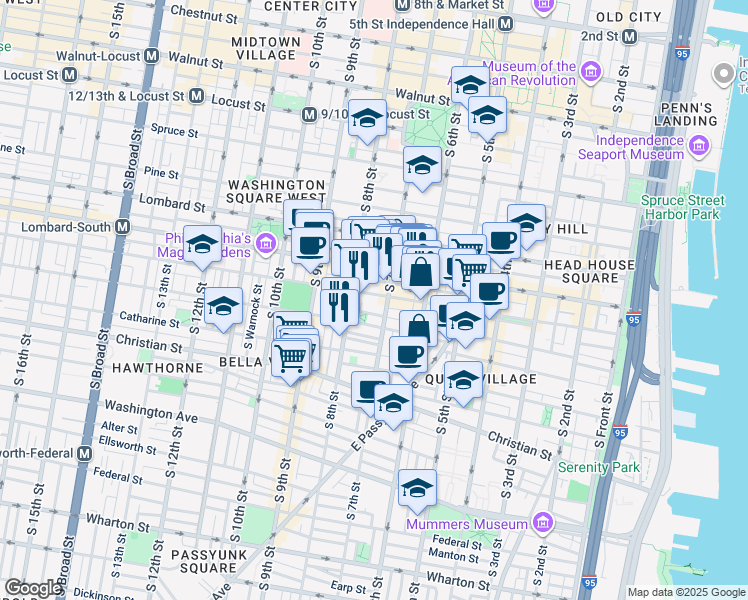 map of restaurants, bars, coffee shops, grocery stores, and more near 714 Bainbridge Street in Philadelphia