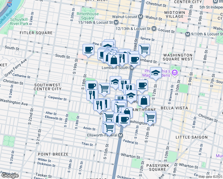 map of restaurants, bars, coffee shops, grocery stores, and more near 1513 Catharine Street in Philadelphia