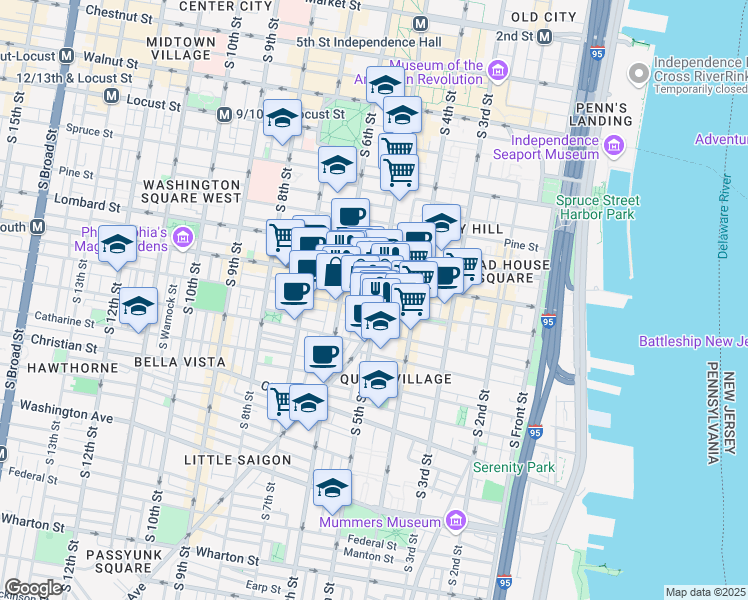 map of restaurants, bars, coffee shops, grocery stores, and more near 622 South 5th Street in Philadelphia