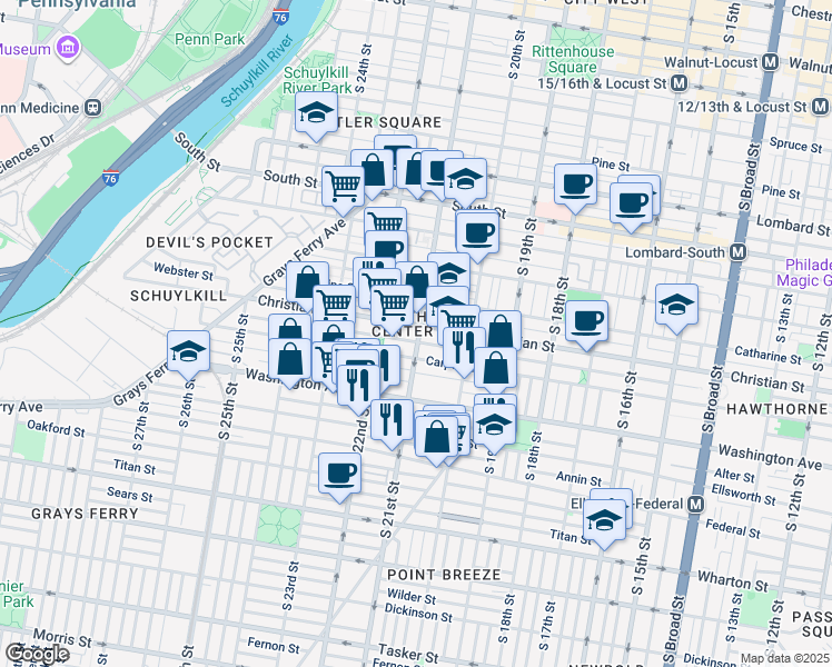 map of restaurants, bars, coffee shops, grocery stores, and more near 2114 Carpenter Street in Philadelphia