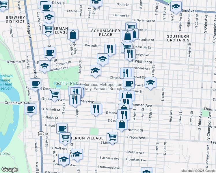map of restaurants, bars, coffee shops, grocery stores, and more near 387 East Deshler Avenue in Columbus