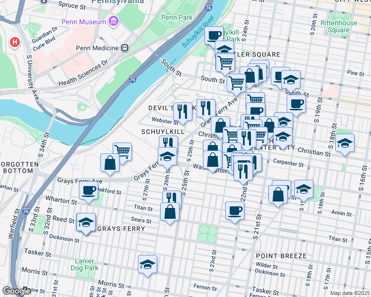 map of restaurants, bars, coffee shops, grocery stores, and more near 2510 Carpenter Street in Philadelphia