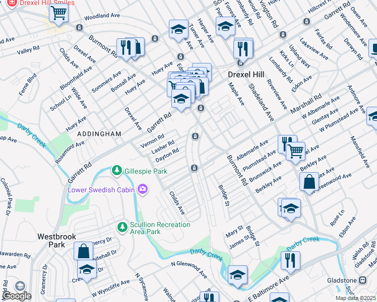 map of restaurants, bars, coffee shops, grocery stores, and more near 339 Cheswold Road in Drexel Hill