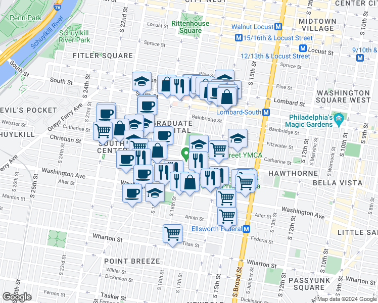 map of restaurants, bars, coffee shops, grocery stores, and more near 1737 Webster Street in Philadelphia
