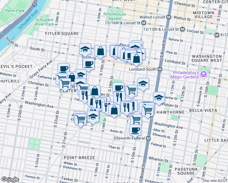 map of restaurants, bars, coffee shops, grocery stores, and more near 1735 Webster Street in Philadelphia
