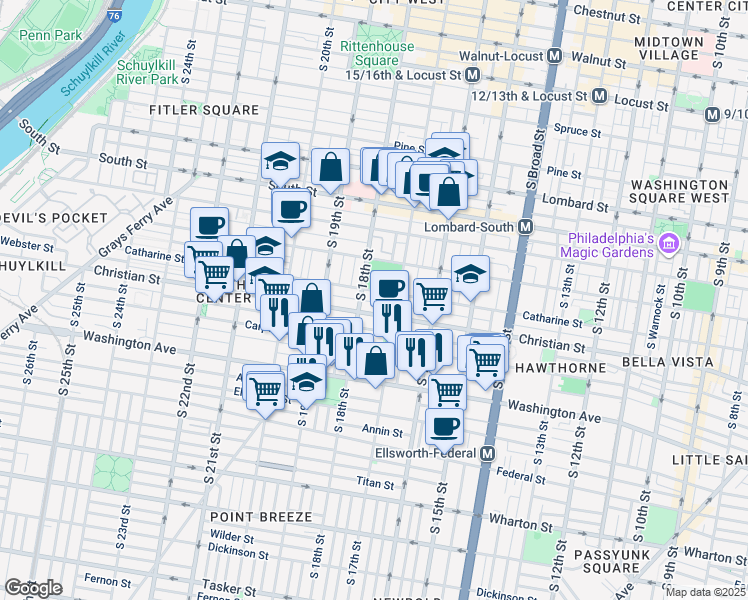 map of restaurants, bars, coffee shops, grocery stores, and more near 1737 Webster Street in Philadelphia