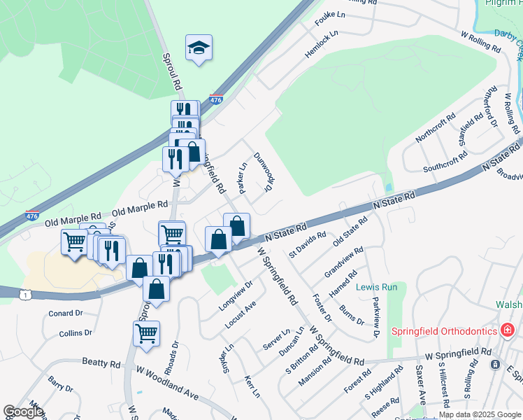 map of restaurants, bars, coffee shops, grocery stores, and more near 731 Parker Lane in Springfield