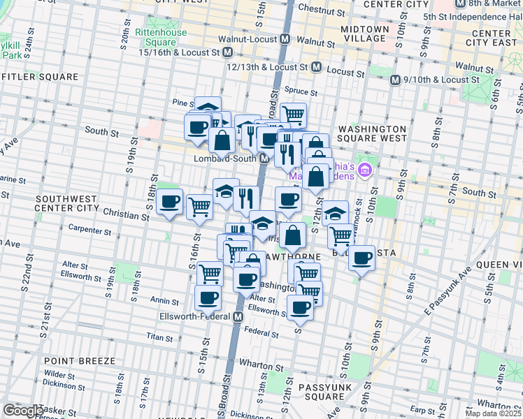 map of restaurants, bars, coffee shops, grocery stores, and more near 777 South Broad Street in Philadelphia