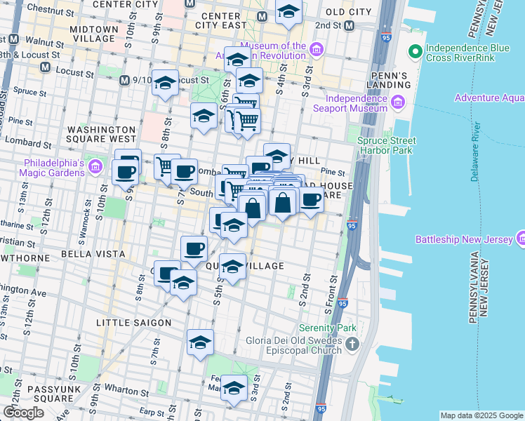 map of restaurants, bars, coffee shops, grocery stores, and more near 611 South 4th Street in Philadelphia
