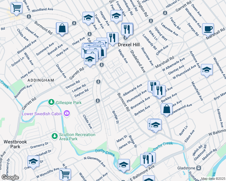 map of restaurants, bars, coffee shops, grocery stores, and more near 3815 Albemarle Avenue in Drexel Hill
