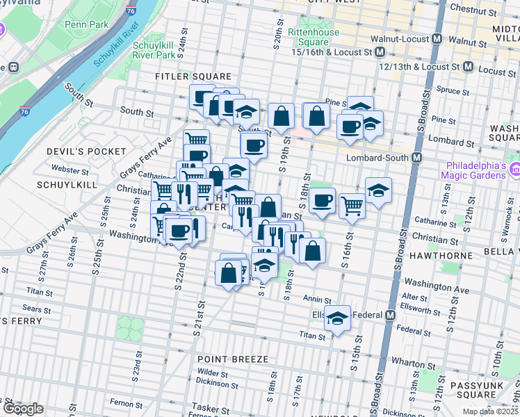 map of restaurants, bars, coffee shops, grocery stores, and more near 1929 Christian Street in Philadelphia