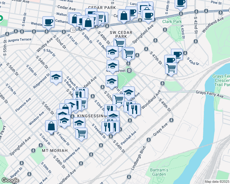 map of restaurants, bars, coffee shops, grocery stores, and more near 5109 Kingsessing Avenue in Philadelphia