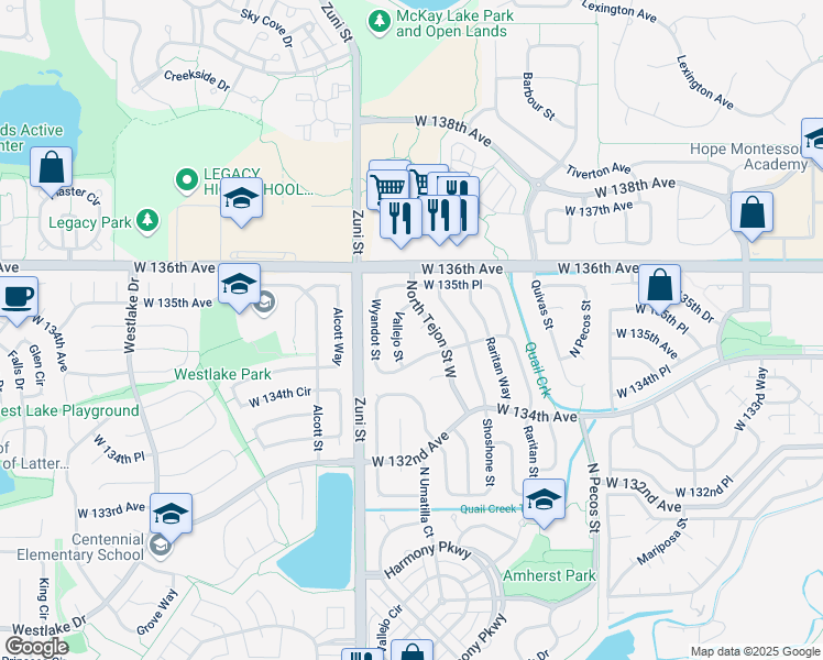 map of restaurants, bars, coffee shops, grocery stores, and more near 2135 West 135th Avenue in Westminster
