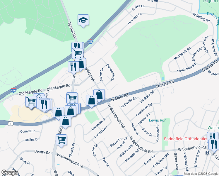 map of restaurants, bars, coffee shops, grocery stores, and more near 731 Parker Lane in Springfield