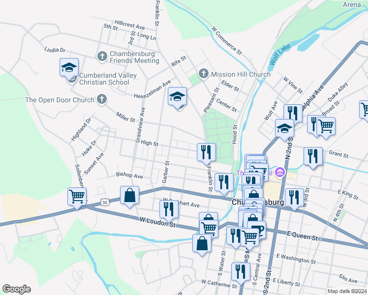 map of restaurants, bars, coffee shops, grocery stores, and more near 315 High Street in Chambersburg
