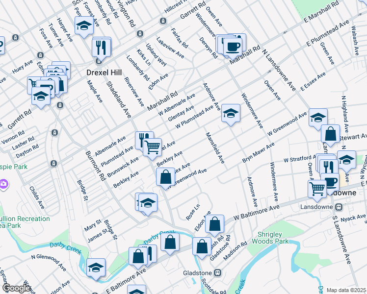 map of restaurants, bars, coffee shops, grocery stores, and more near 215 Berkley Avenue in Lansdowne