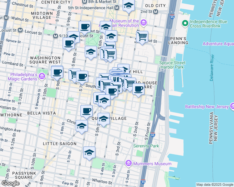 map of restaurants, bars, coffee shops, grocery stores, and more near 611 South 4th Street in Philadelphia
