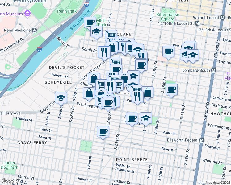 map of restaurants, bars, coffee shops, grocery stores, and more near 2149 Montrose Street in Philadelphia