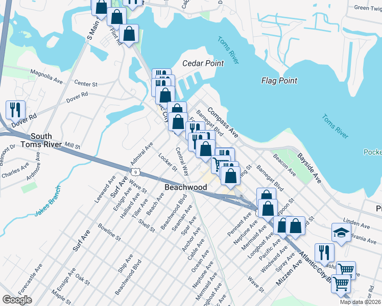 map of restaurants, bars, coffee shops, grocery stores, and more near 203 Atlantic City Boulevard in Beachwood