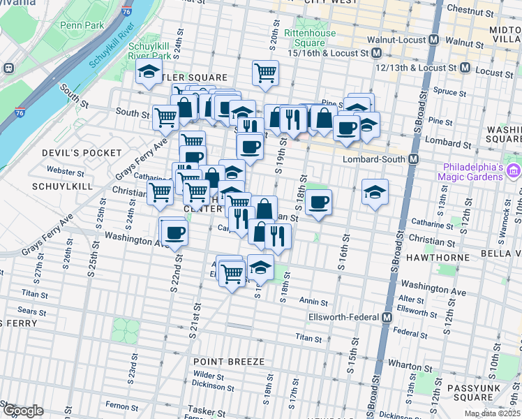 map of restaurants, bars, coffee shops, grocery stores, and more near 1919 Christian Street in Philadelphia