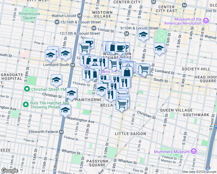 map of restaurants, bars, coffee shops, grocery stores, and more near 736 South Clifton Street in Philadelphia