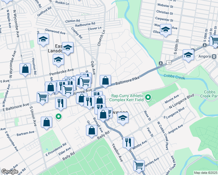 map of restaurants, bars, coffee shops, grocery stores, and more near 6740 Baltimore Avenue in Philadelphia