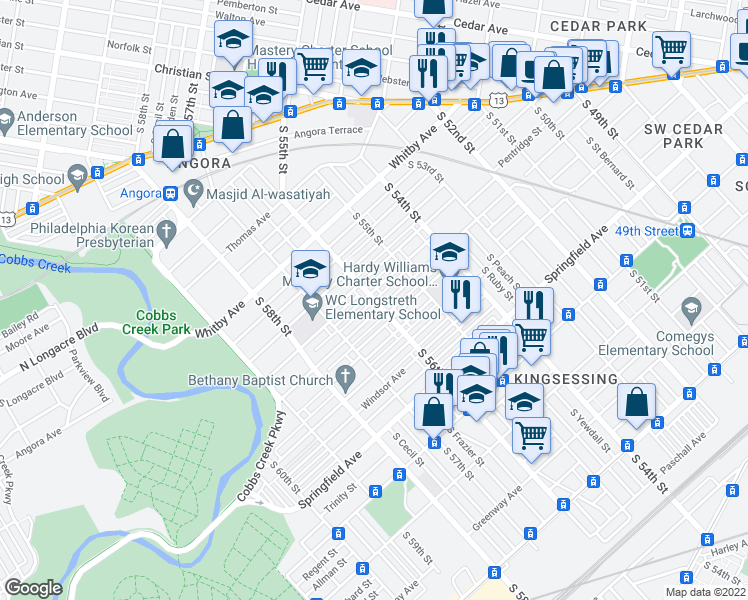 map of restaurants, bars, coffee shops, grocery stores, and more near South 56th Street in Philadelphia