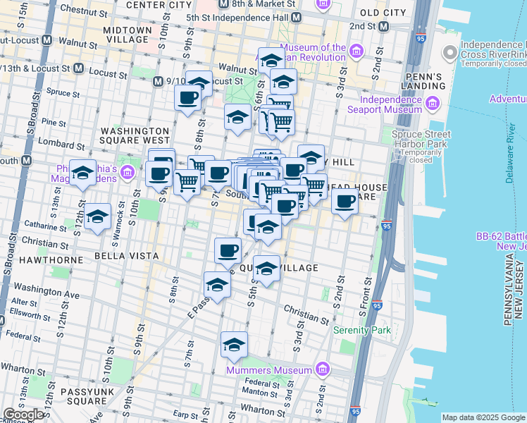 map of restaurants, bars, coffee shops, grocery stores, and more near 517 South Randolph Street in Philadelphia